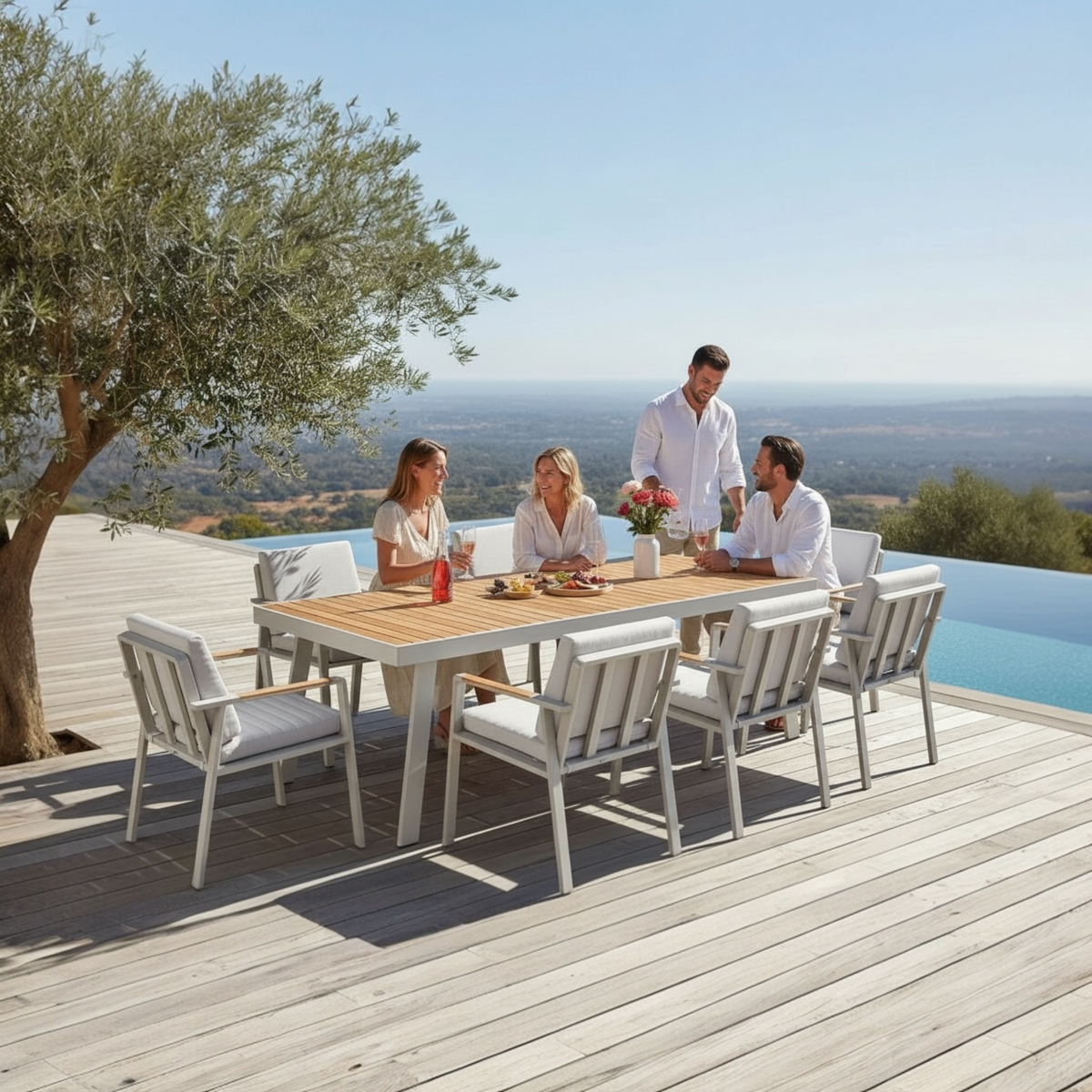 Noffy 8-seat aluminum and teak outdoor dining set – shown outdoors