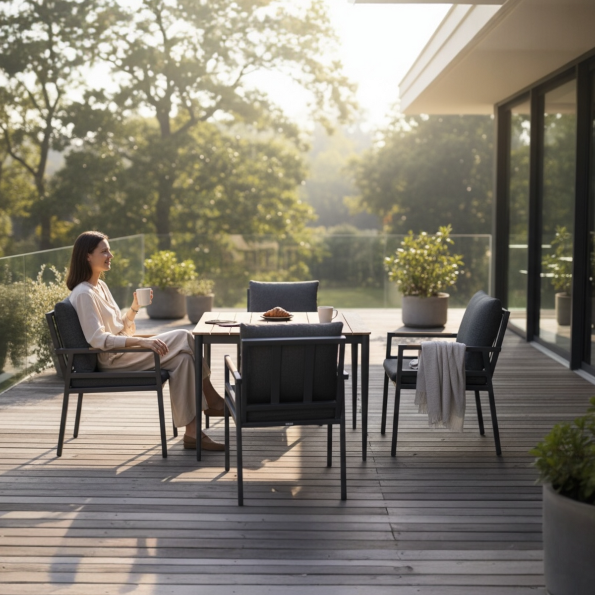 Gloria square aluminum and teak patio dining set for four – shown outdoors