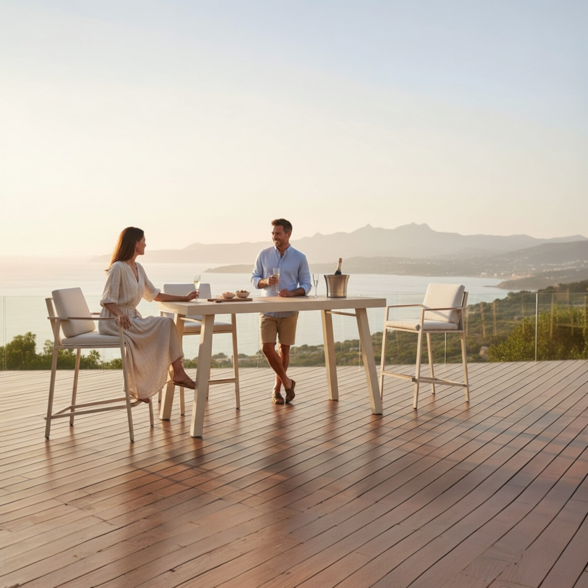 Noffy beige aluminum and teak bar-height patio set for six – shown outdoors (2)
