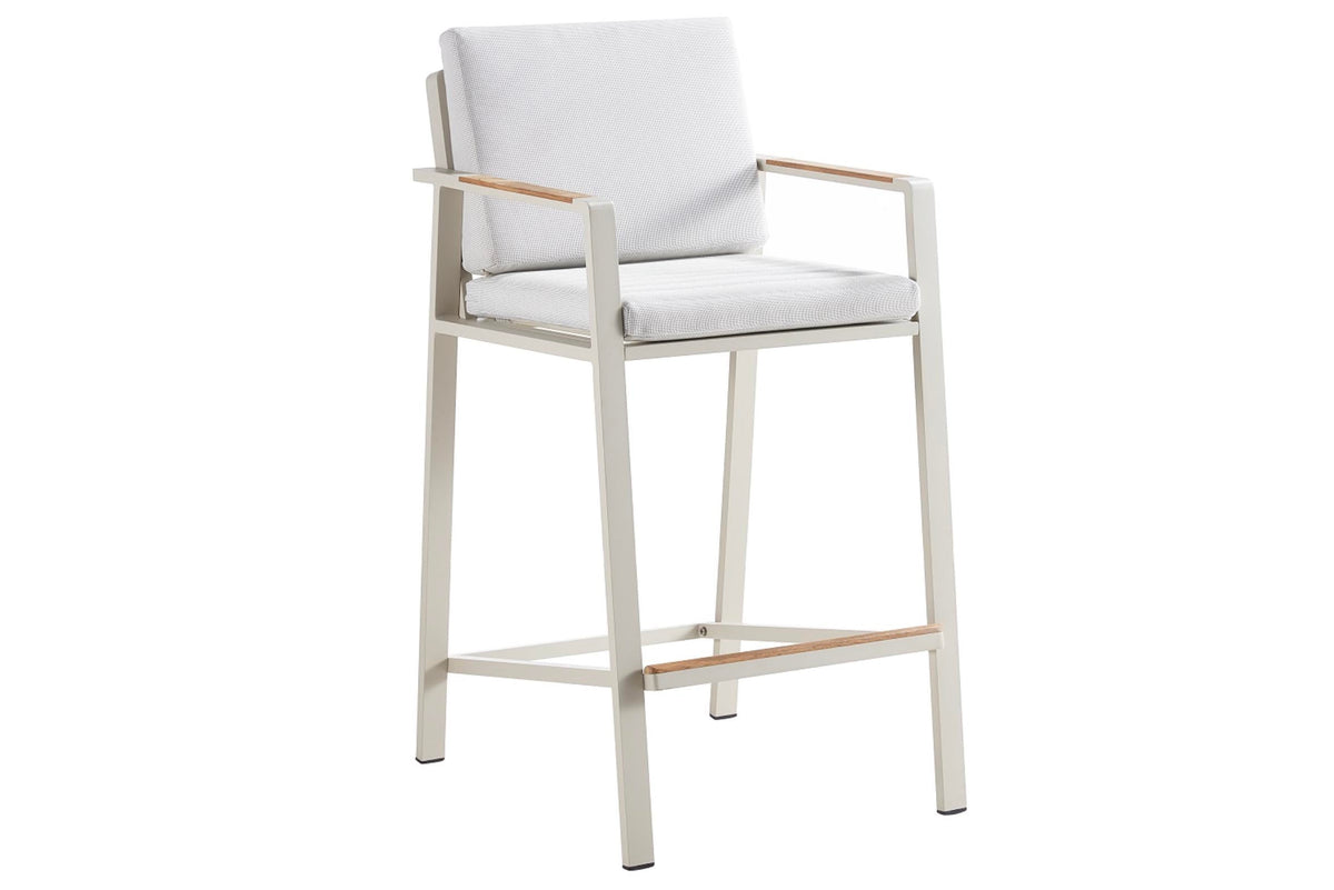 Armchair from the Noffy white aluminum and teak bar-height patio set for six – another view