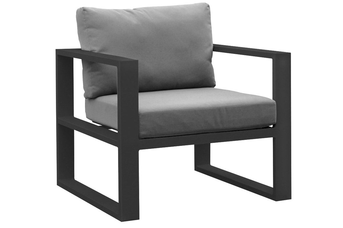 Armchair from the Belly Cool black aluminum outdoor sectional with lift-top coffee table – another view