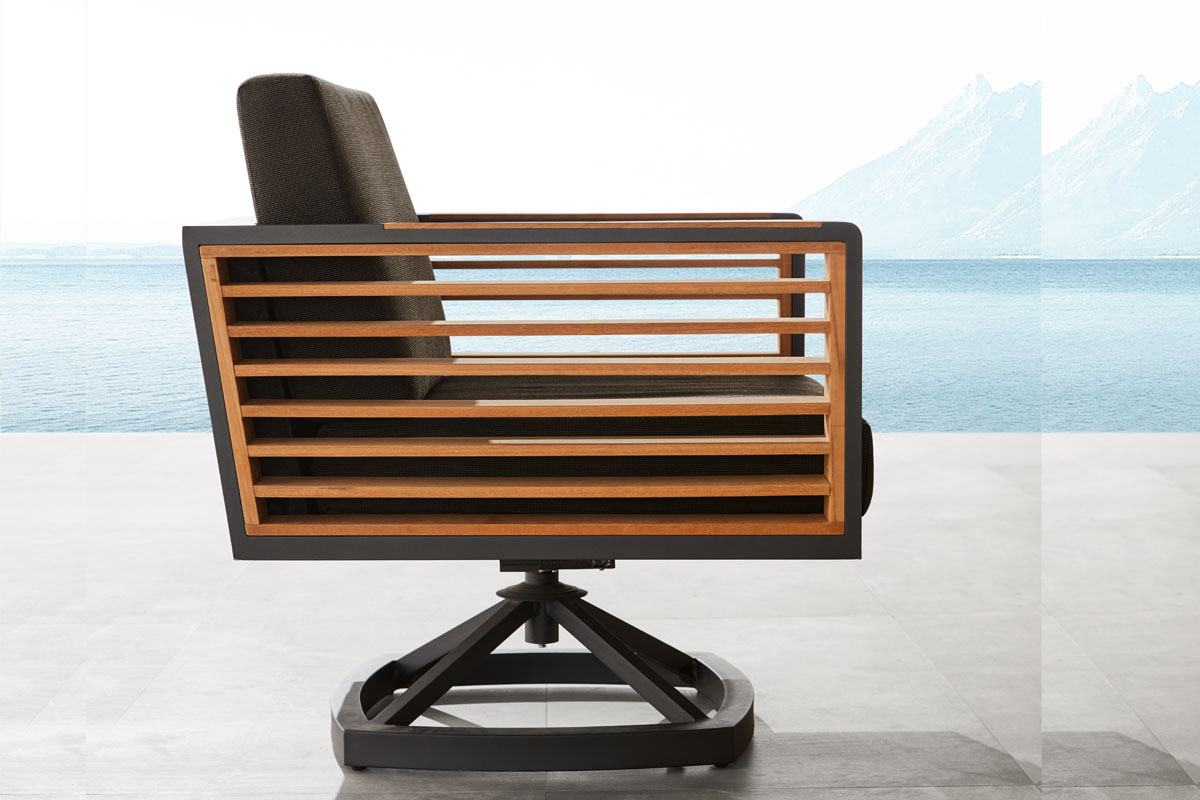 Cofy aluminum and teak swivel armchair