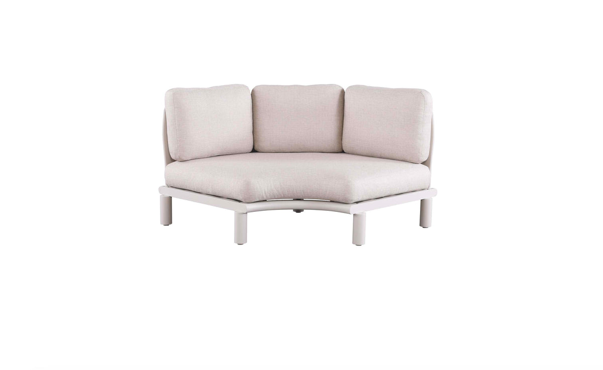 Corner chair from the Sanka beige aluminum outdoor sectional with teak platforms – another view