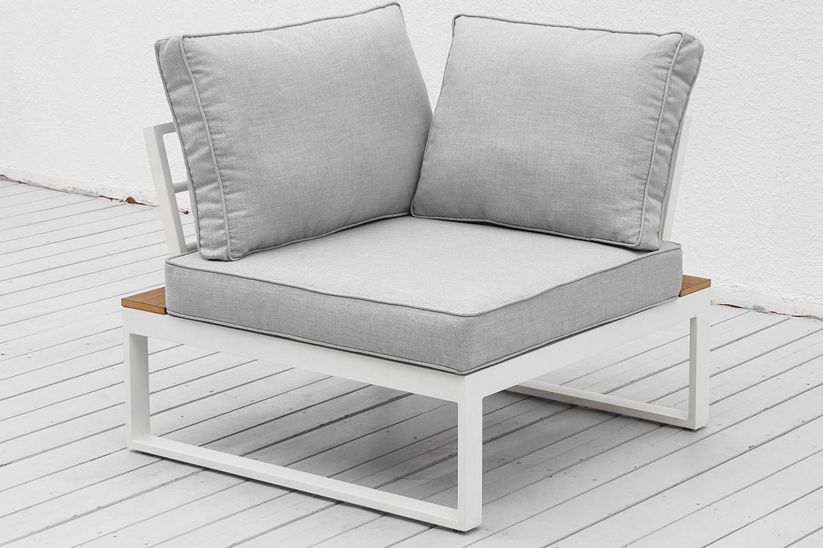 Corner chair from the Stacy white aluminum corner outdoor sofa with light gray cushions – another view