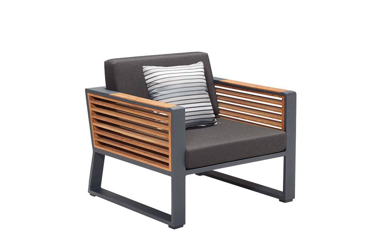 Armchair from the Cofy Mini black aluminum loveseat patio set with teak cooler coffee table – another view