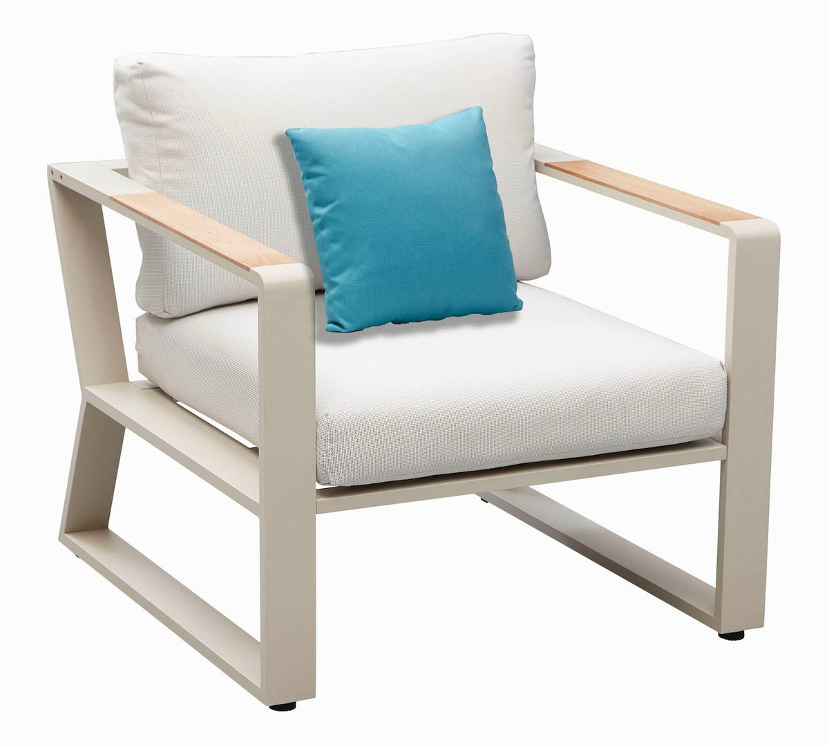Armchair from the Exy Mini beige aluminum patio loveseat set with teak coffee table – another view