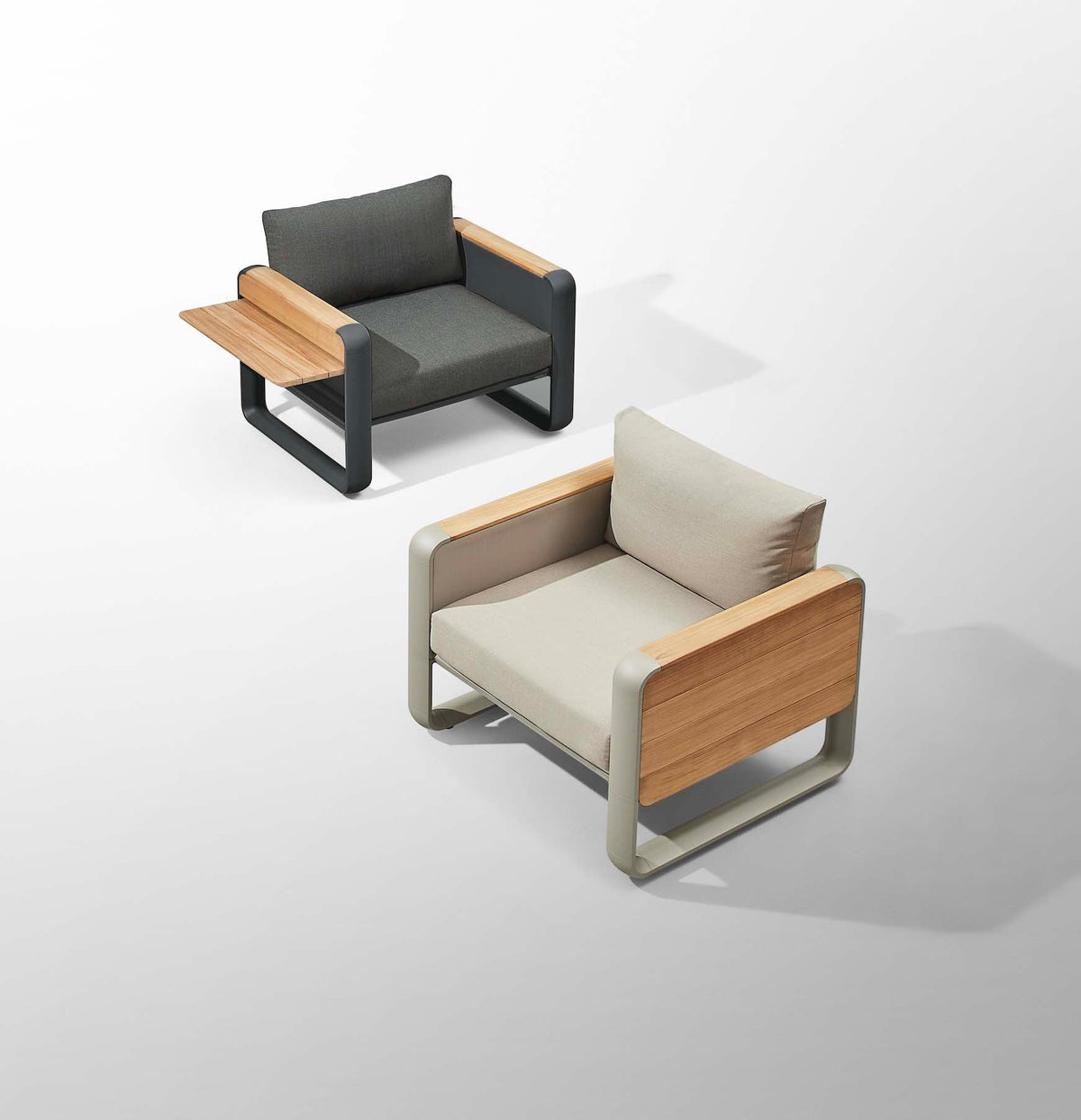 Armchair from the Talia aluminum and teak sofa set with flip-up teak side tables