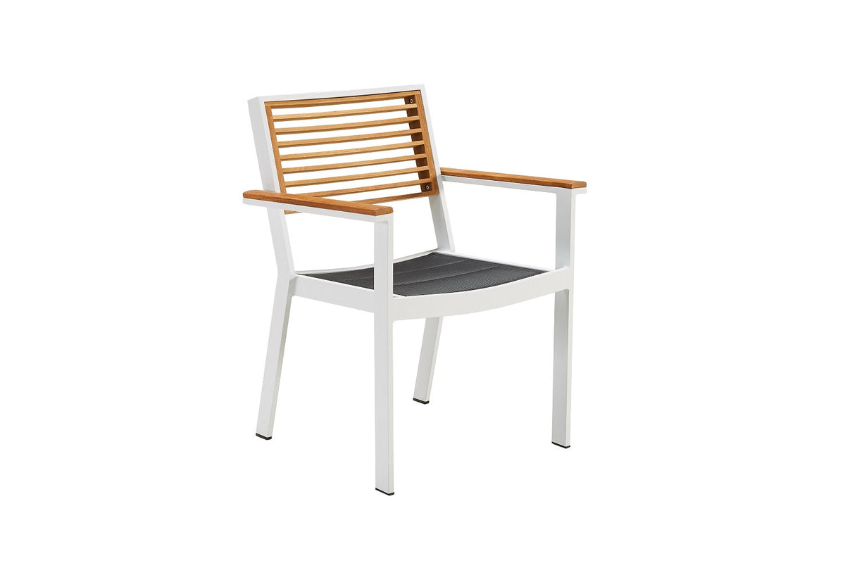 Armchair from the York white aluminum and teak dining set for ten – another view