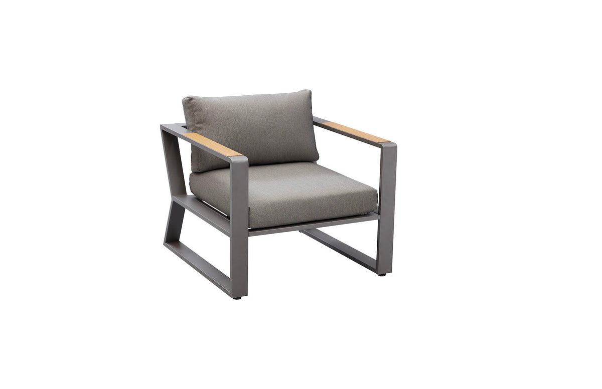 Armchair from the Exy anthracite aluminum and teak 5-seat patio set with teak coffee table – another view
