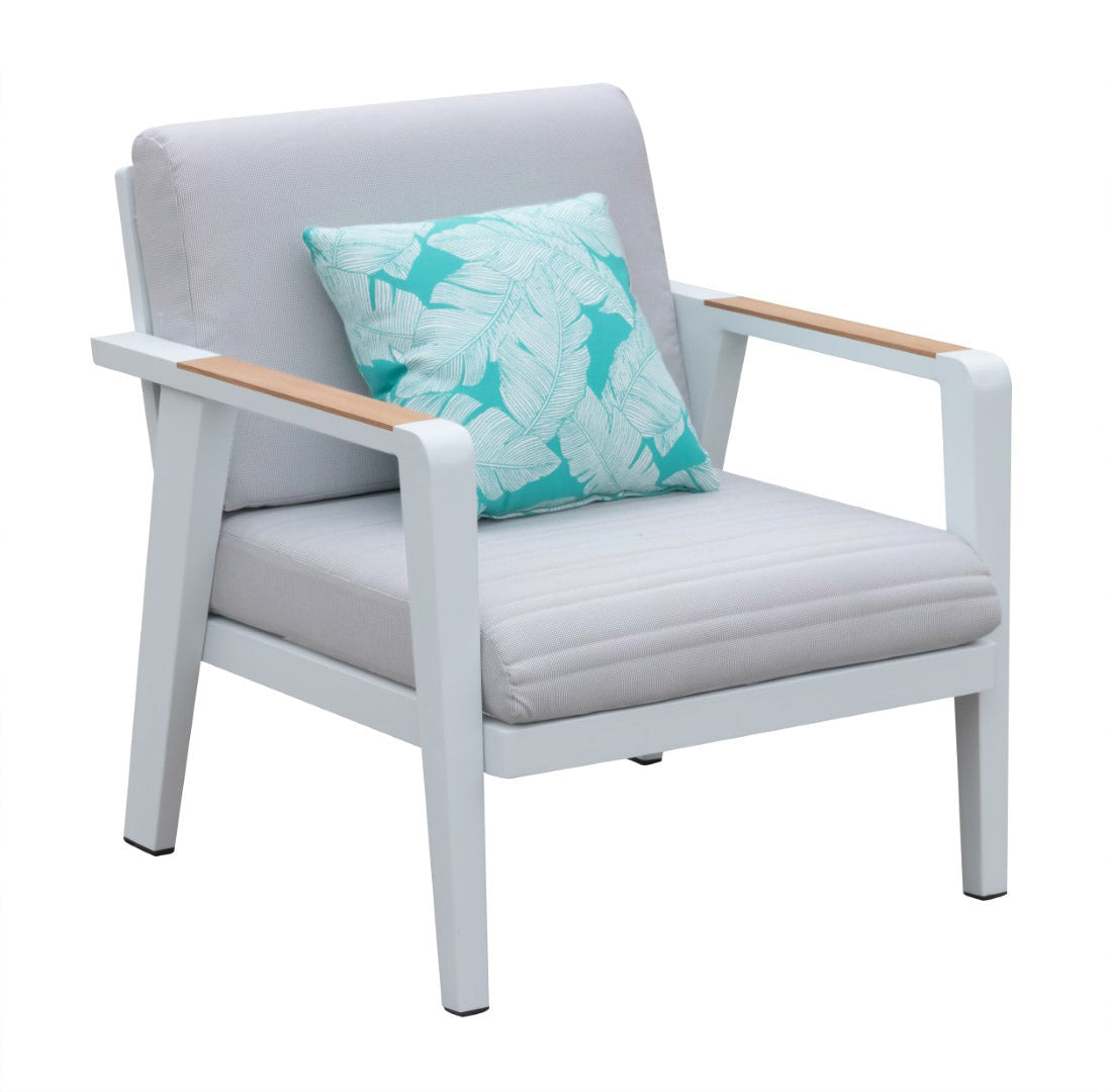 Armchair from the Lovy white aluminum and teak 5-seat patio set with light cushions – another view