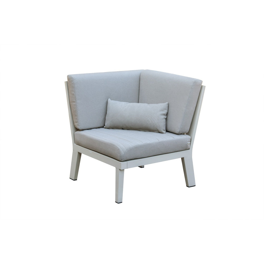 Corner chair from the Lovy Cosy white aluminum outdoor sectional with teak armrests – another view