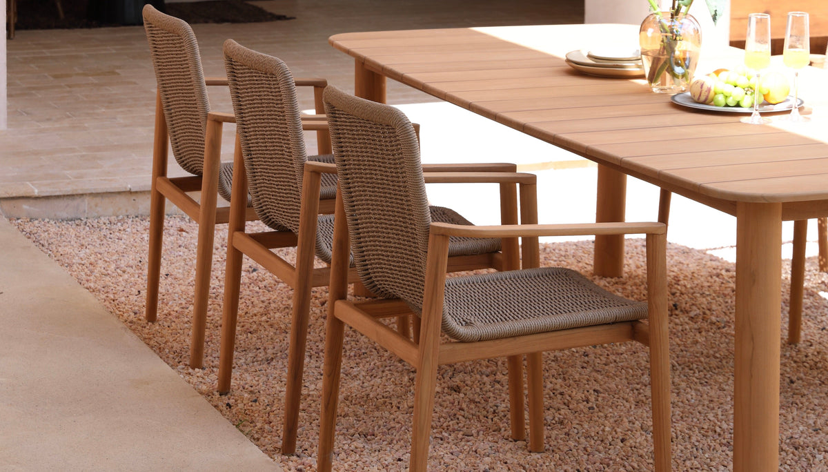Paula solid teak and taupe rope dining armchair