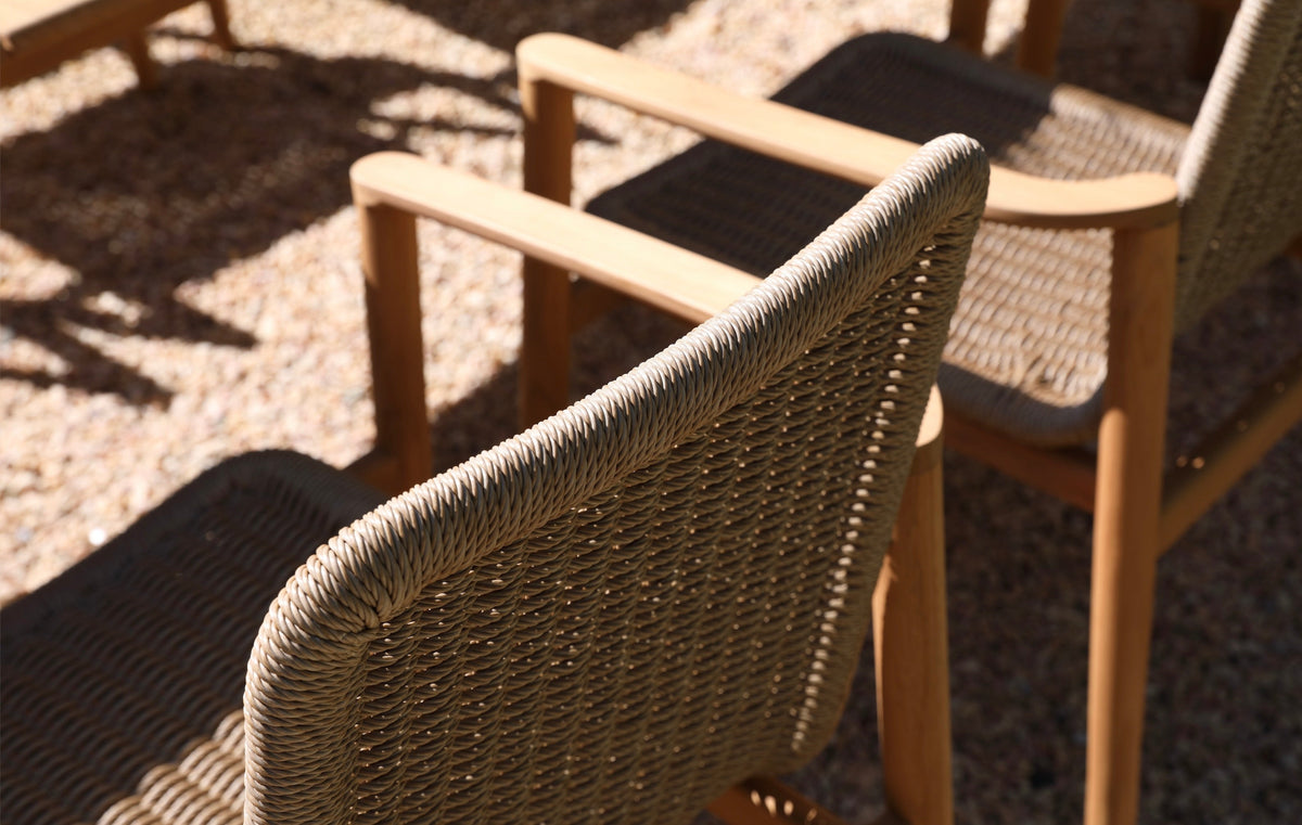 Paula solid teak and taupe rope dining armchair – close-up detail