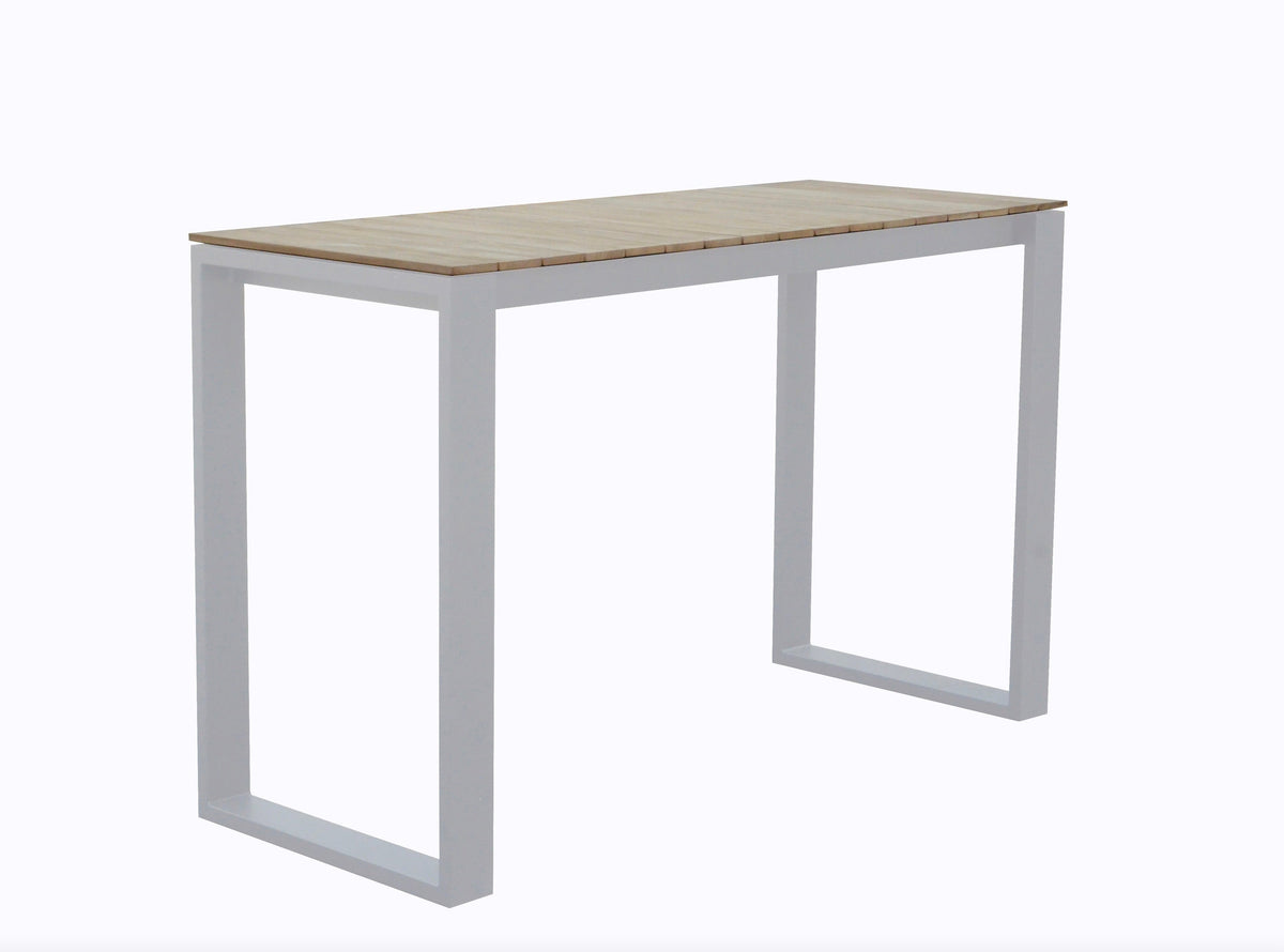 Como white aluminum and teak outdoor bar set with six stools