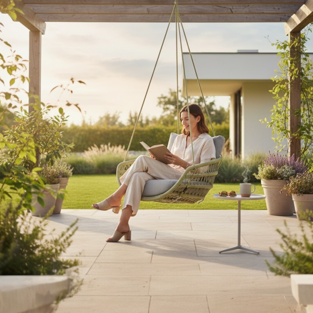 Fleur green rope hanging egg chair – shown outdoors (2)