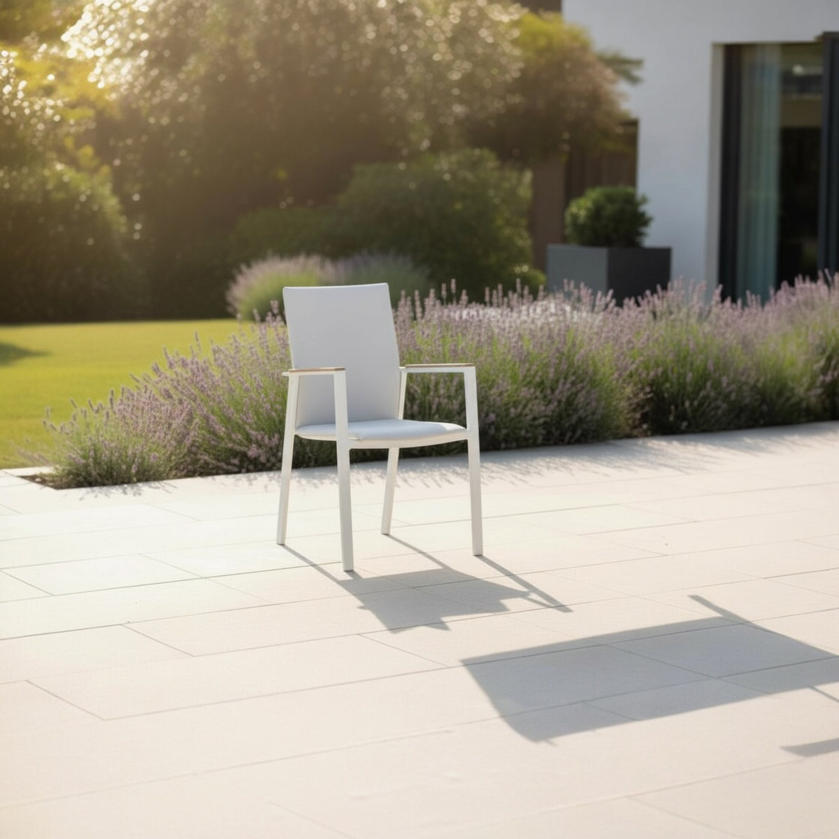 Lilou white aluminum padded textilene dining chairs, set of 2 – shown outdoors