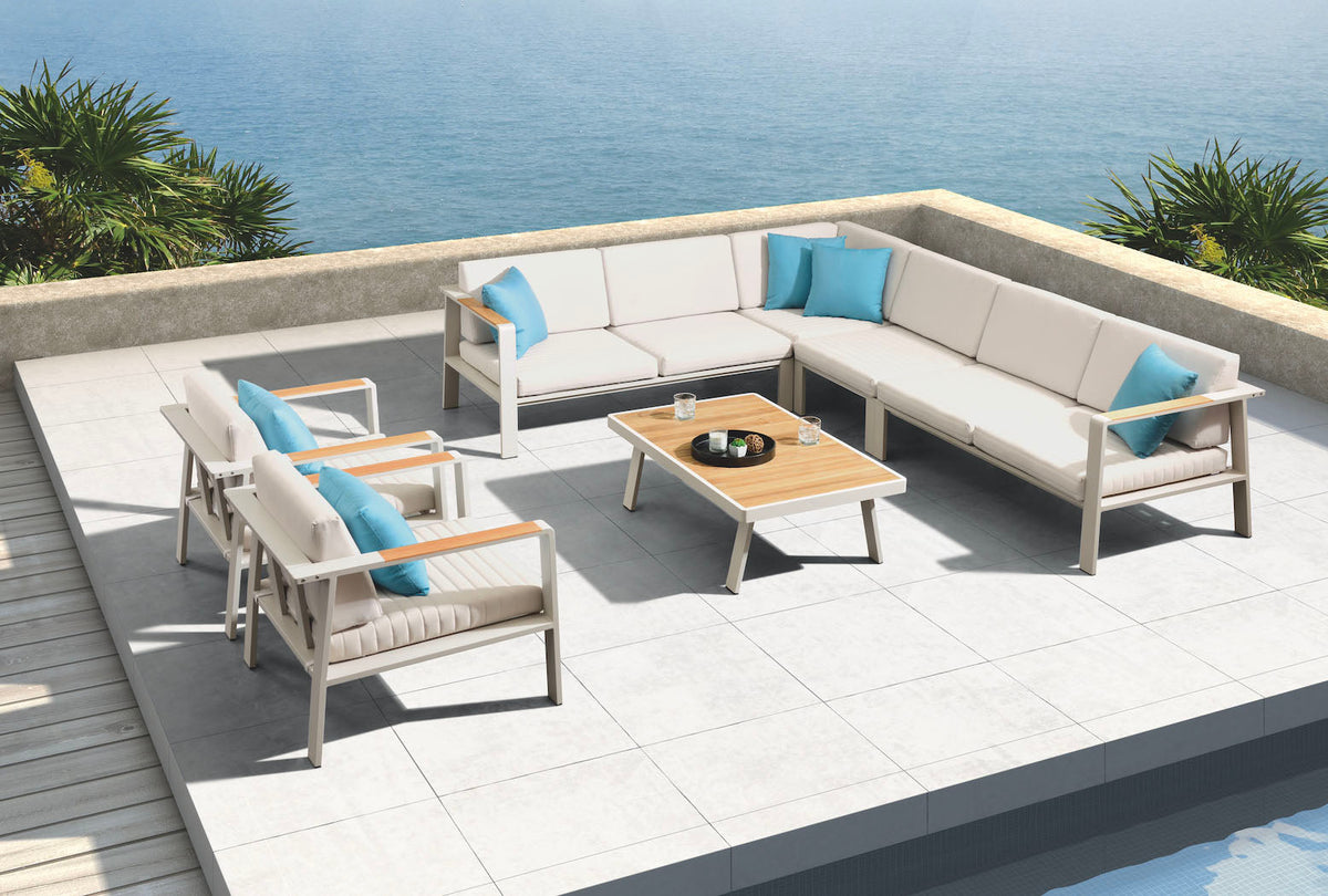 Noffy Cosy Plus large aluminum and teak outdoor corner sofa set – shown outdoors (3)
