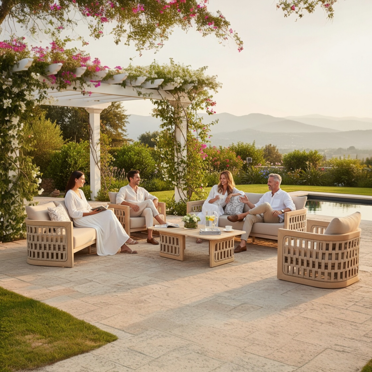 Palma solid teak and rope outdoor armchair – shown outdoors (5)
