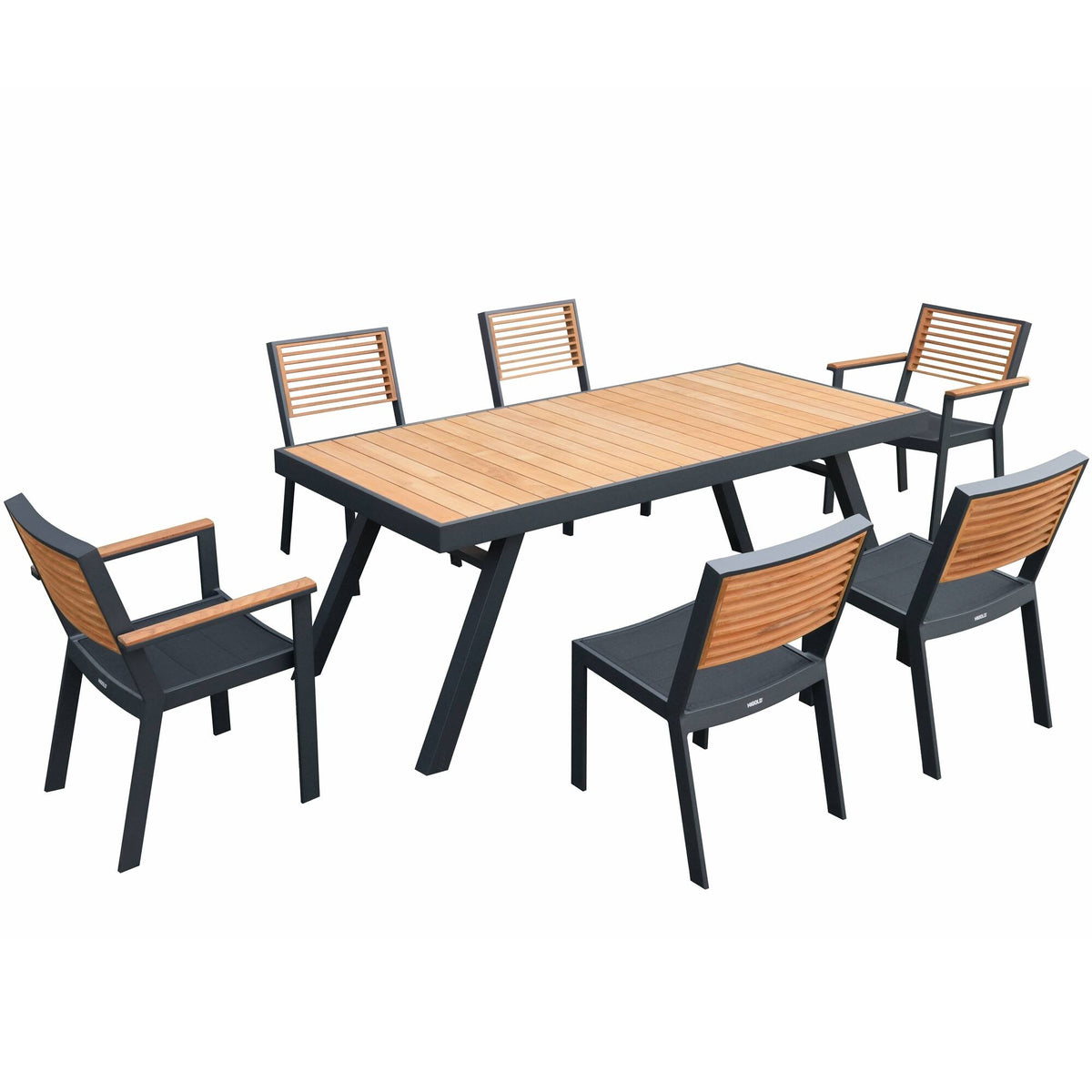 York black aluminum and teak dining set for six, 200 x 90 cm table