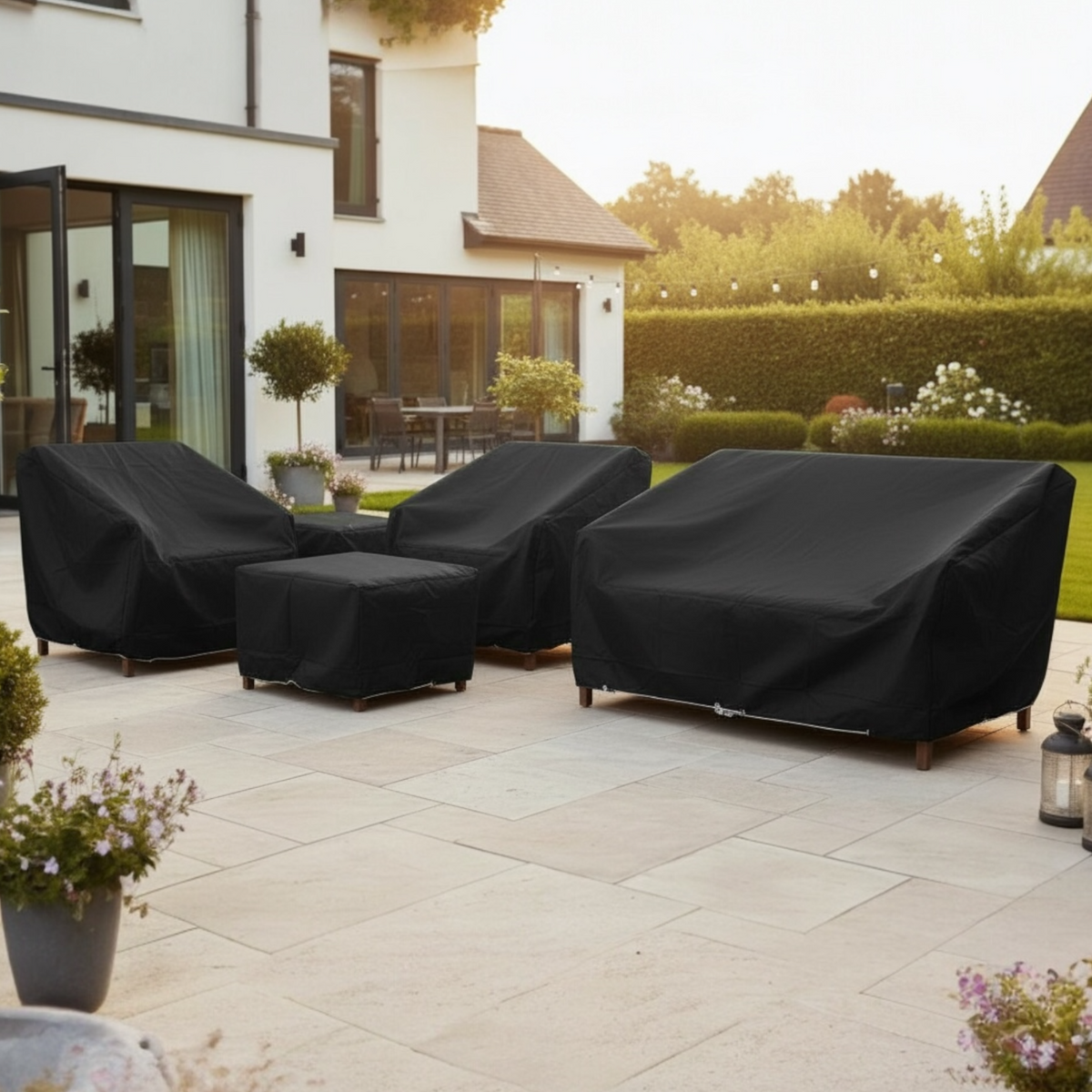 Custom-fit winter cover for umbrellas and storage box – shown outdoors