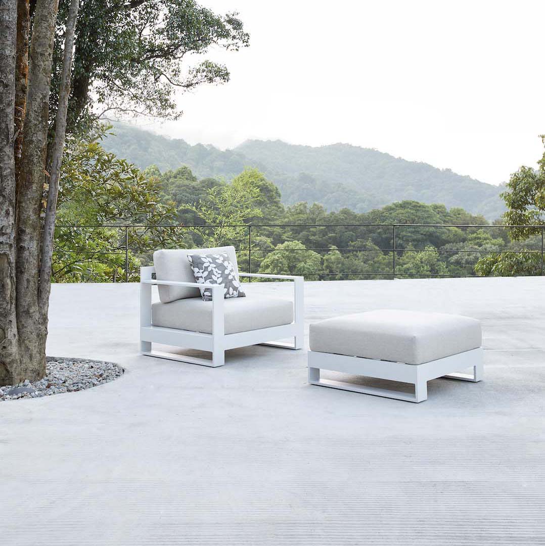Iris deep-seat aluminum outdoor armchair – shown outdoors