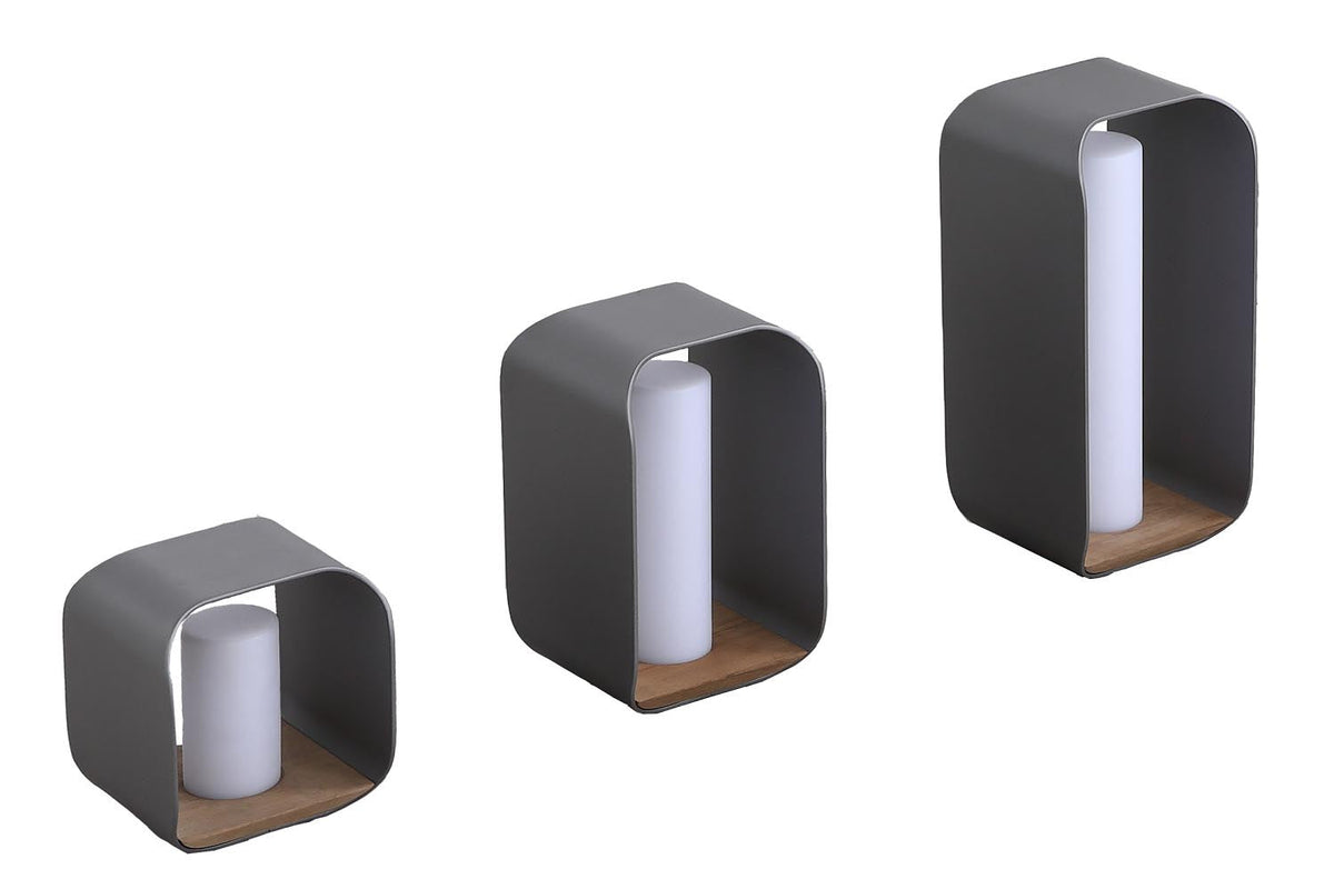 Onda gray aluminum and teak cordless outdoor lamp – multiple views