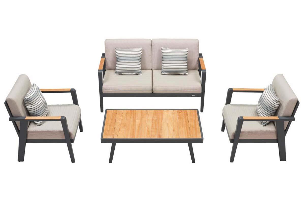 Lovy Mini aluminum and teak 4-seat patio set – multiple views