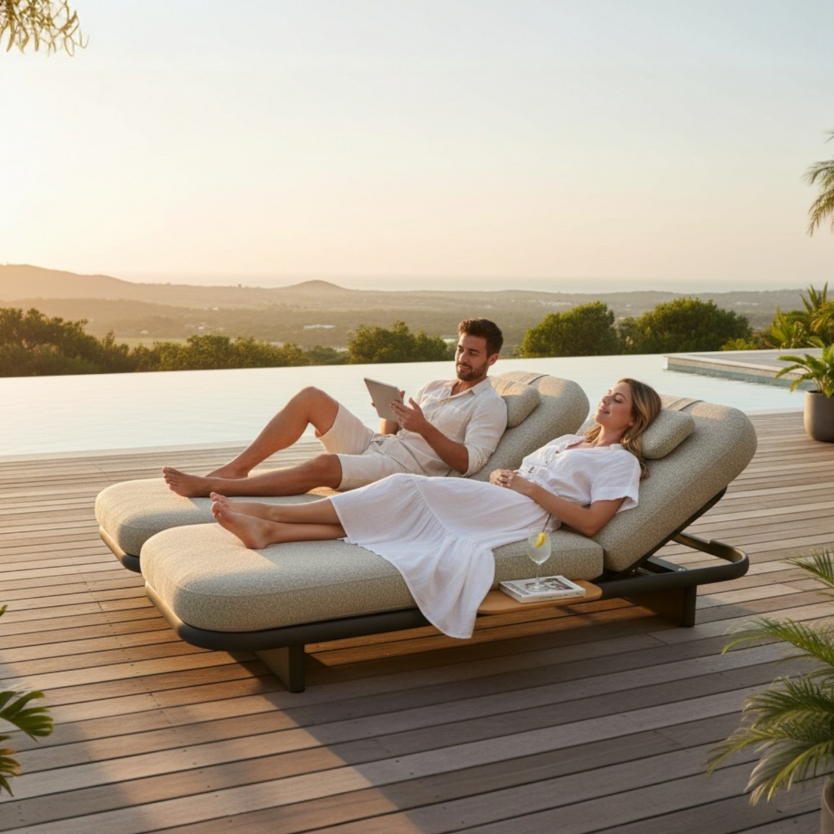 Rosa gray aluminum double chaise lounge with wheels – shown outdoors (2)
