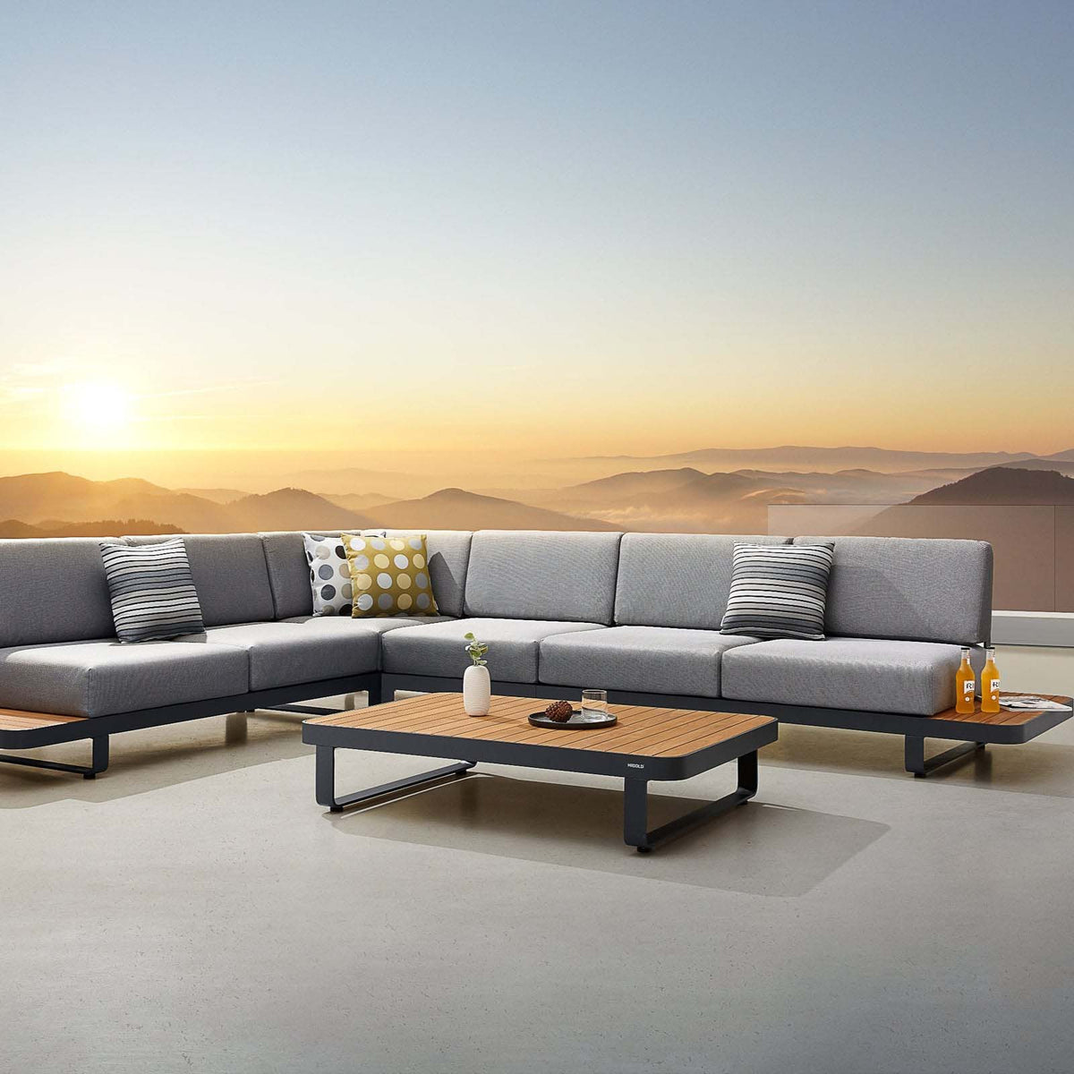 Many aluminum and teak corner sofa with teak-top coffee table – shown outdoors (3)