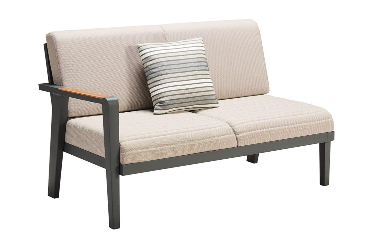 Chaise from the Lovy Cosy black aluminum outdoor sectional with solid teak armrests