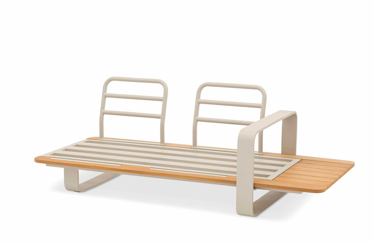 Romeo Mini modular aluminum and teak bench set with carved teak armrests