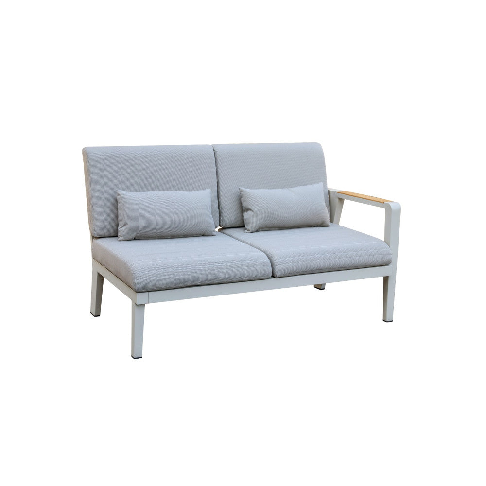 Chaise from the Lovy Cosy white aluminum outdoor sectional with teak armrests
