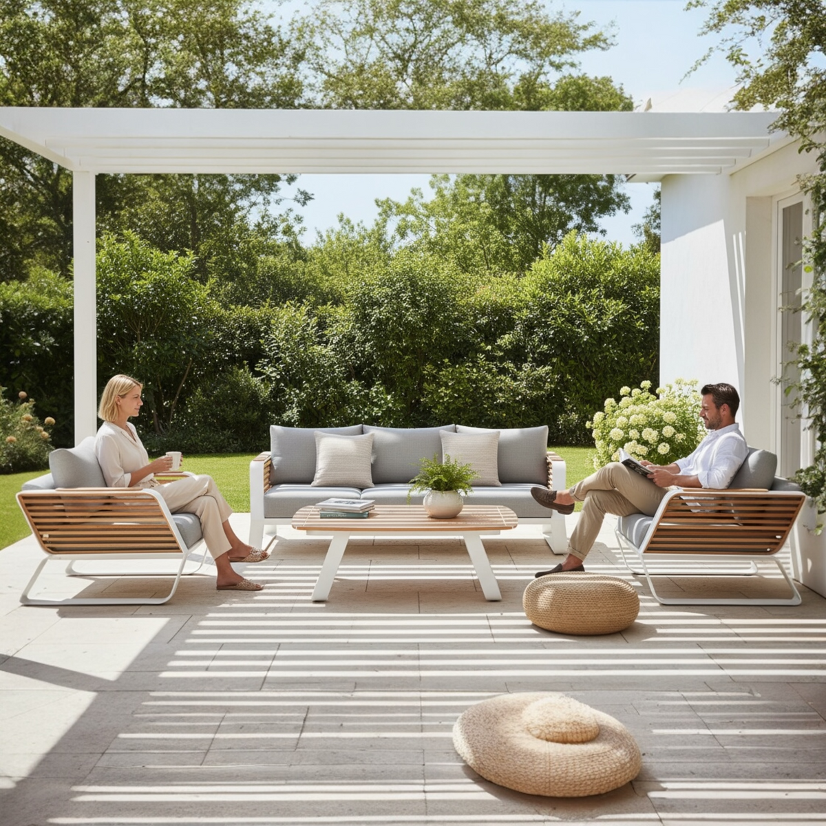 Aily Bis aluminum and teak patio set with 3-seat sofa and two armchairs – shown outdoors (3)