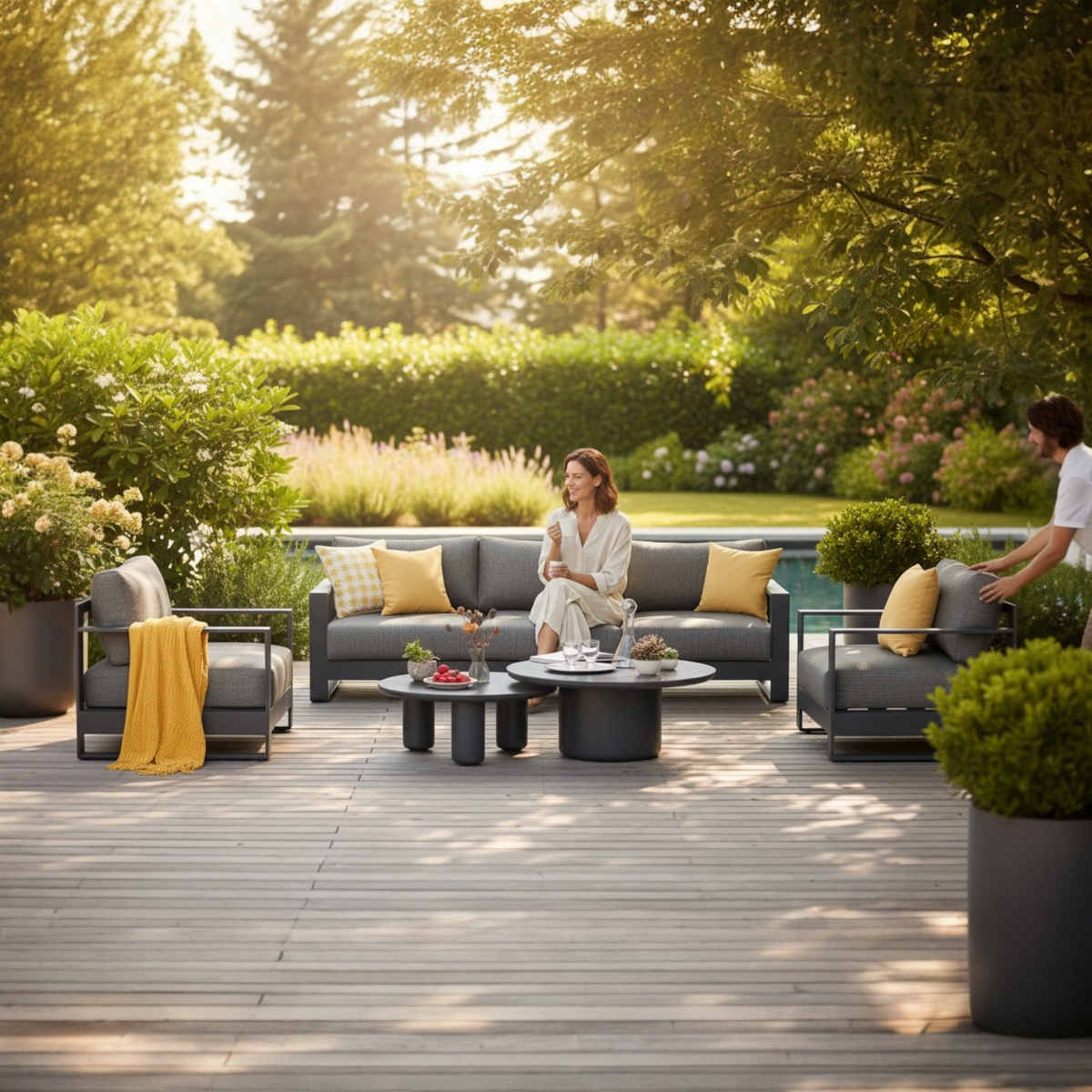 Iris Bis black modular aluminum patio set with gray cushions and ceramic tables – shown outdoors (3)