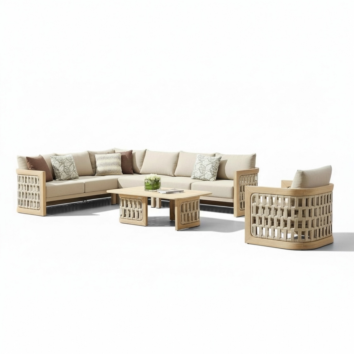 Palma solid teak and rope corner sofa with teak-top coffee table