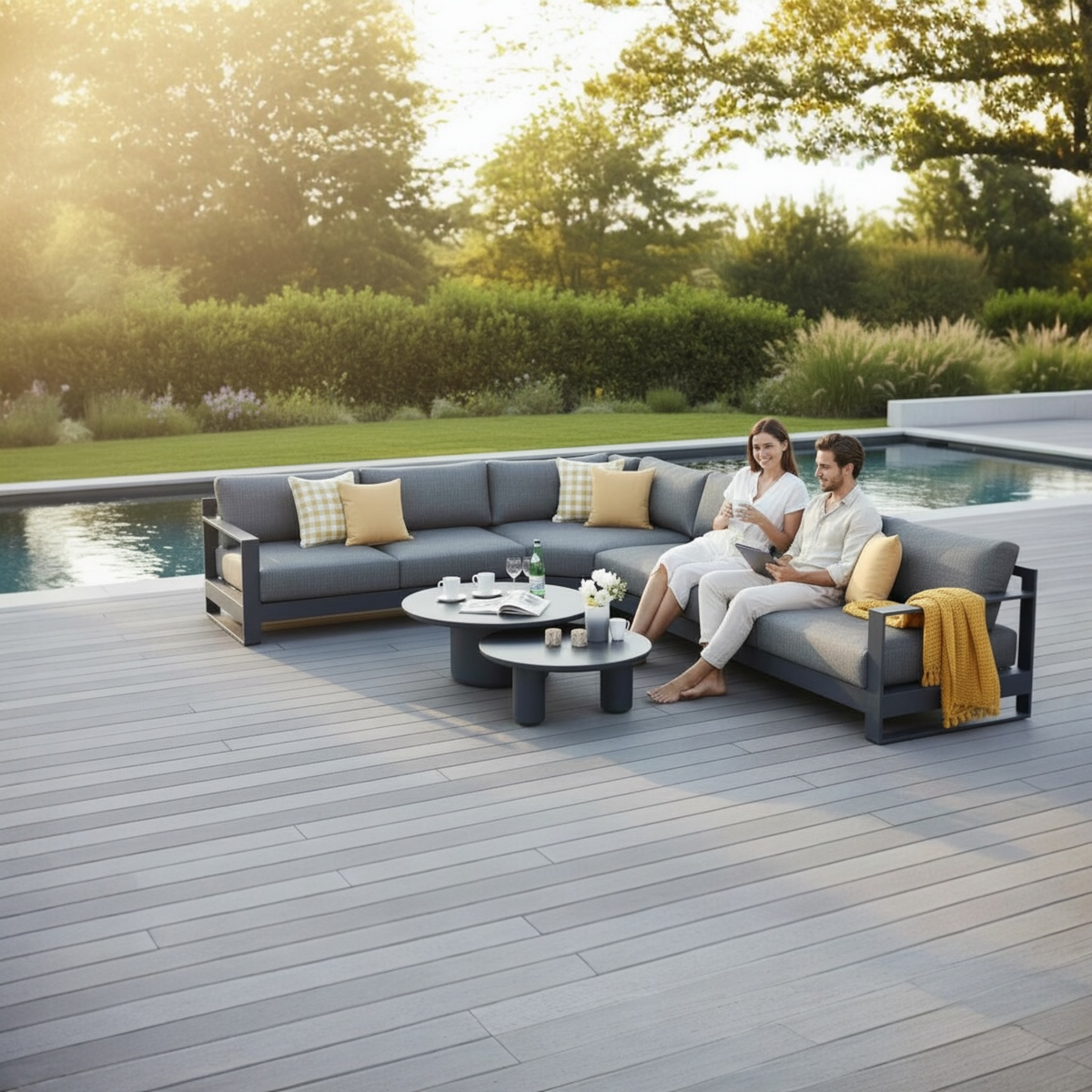 Iris Cosy black aluminum outdoor sectional with two ceramic coffee tables – shown outdoors (2)