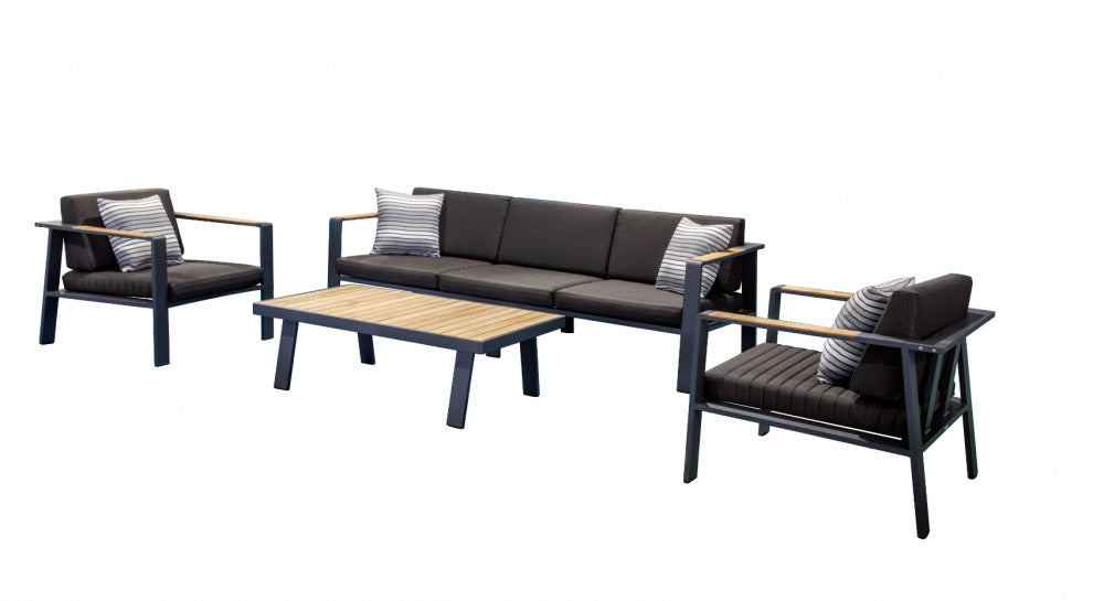 Noffy Plus matte black aluminum and teak 5-seat patio set – multiple views