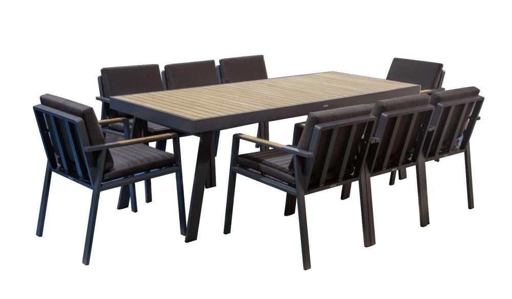 Noffy 8-seat black aluminum and teak dining set