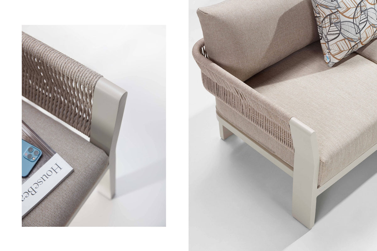 Olby 2-seat aluminum and beige rope outdoor loveseat – multiple views