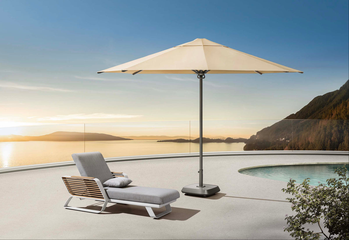 Loli beige gray aluminum patio umbrella, 2.75 x 2.75 m – shown outdoors (2)