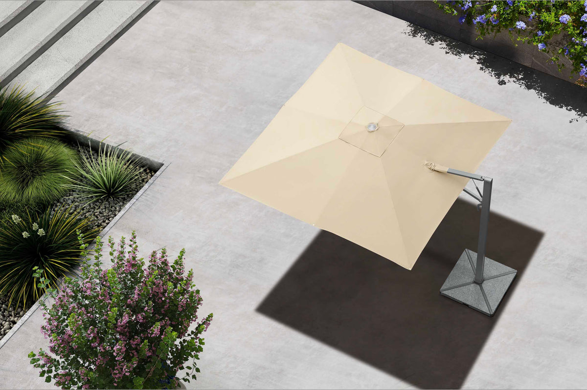 Sofy gray aluminum 3 x 3 m offset umbrella with beige canopy – shown outdoors (4)