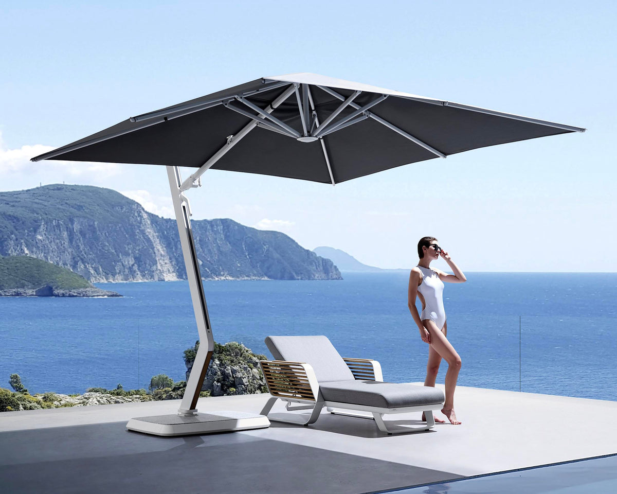 Aily white aluminum 3 x 3 m cantilever umbrella – shown outdoors (3)