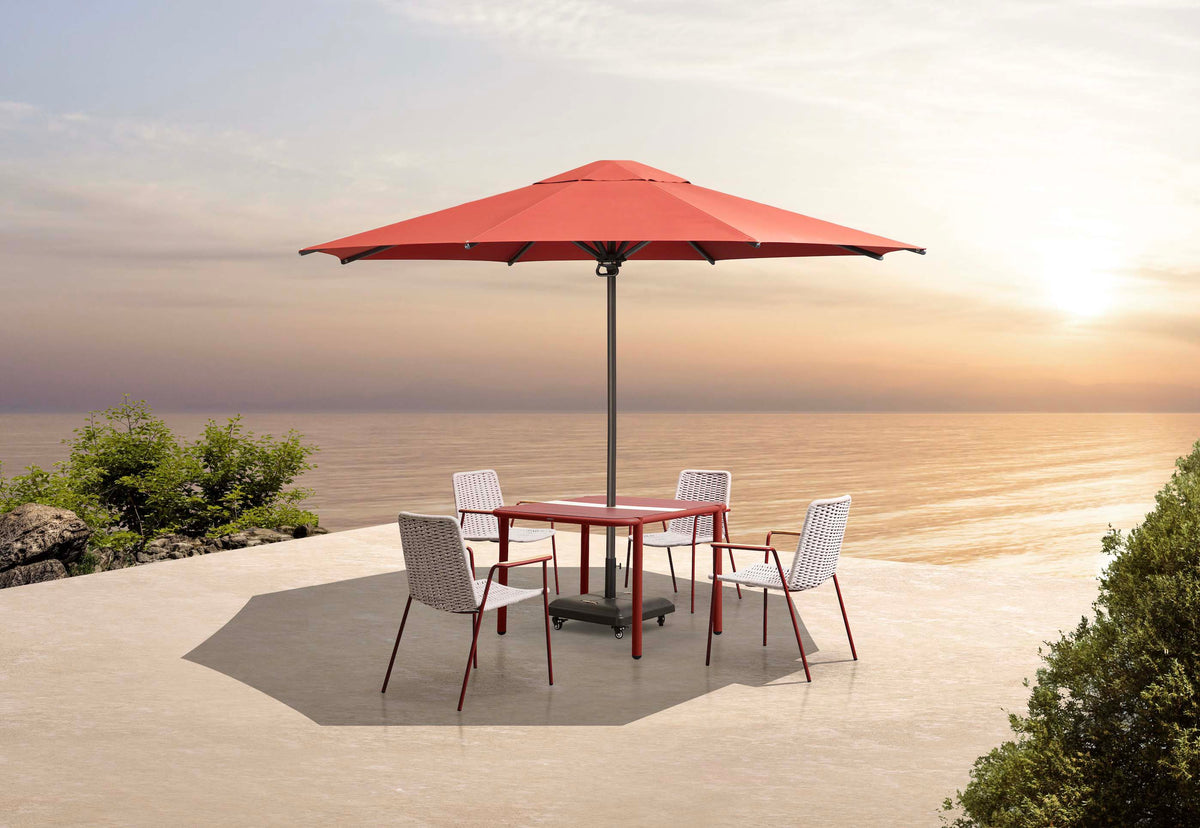 Loli red black aluminum patio umbrella, 2.75 x 2.75 m – shown outdoors (2)
