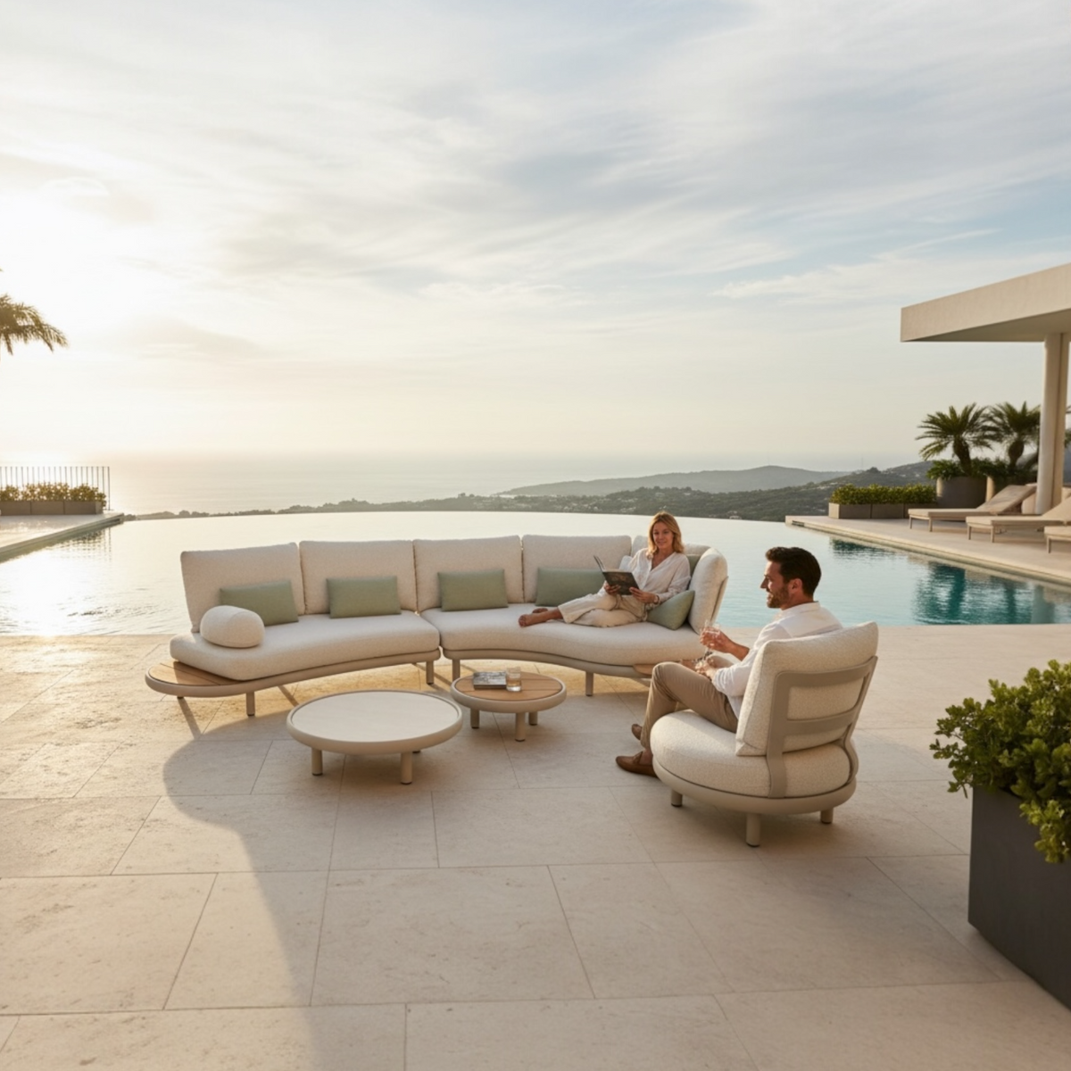 Rosa modular aluminum outdoor sofa set with thick cushions – shown outdoors (3)