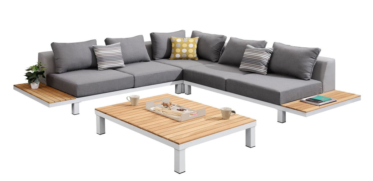Orsy Cosy 5-seat white aluminum and teak corner sofa set