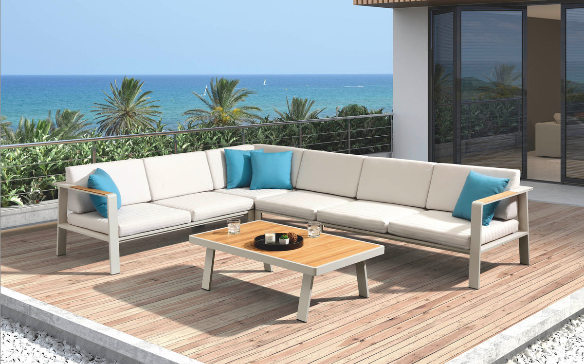 Noffy Cosy white aluminum and teak corner sofa – shown outdoors (2)