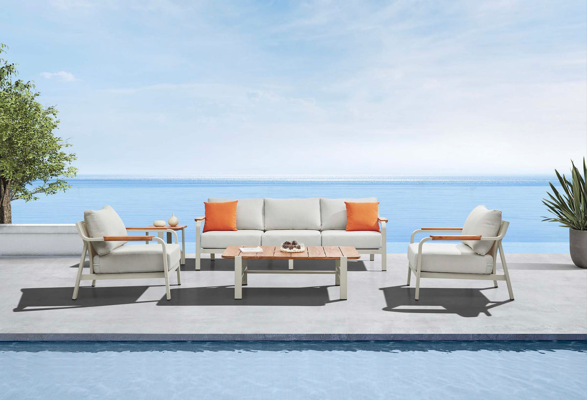 Viscounti cream aluminum and teak patio set with openwork backs – shown outdoors (3)