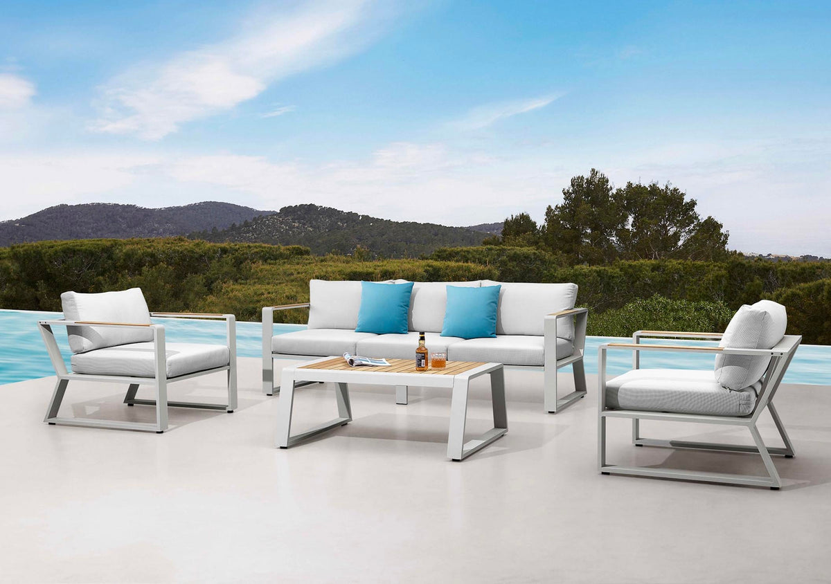 Exy beige aluminum and teak patio set with ecru check cushions – shown outdoors (4)