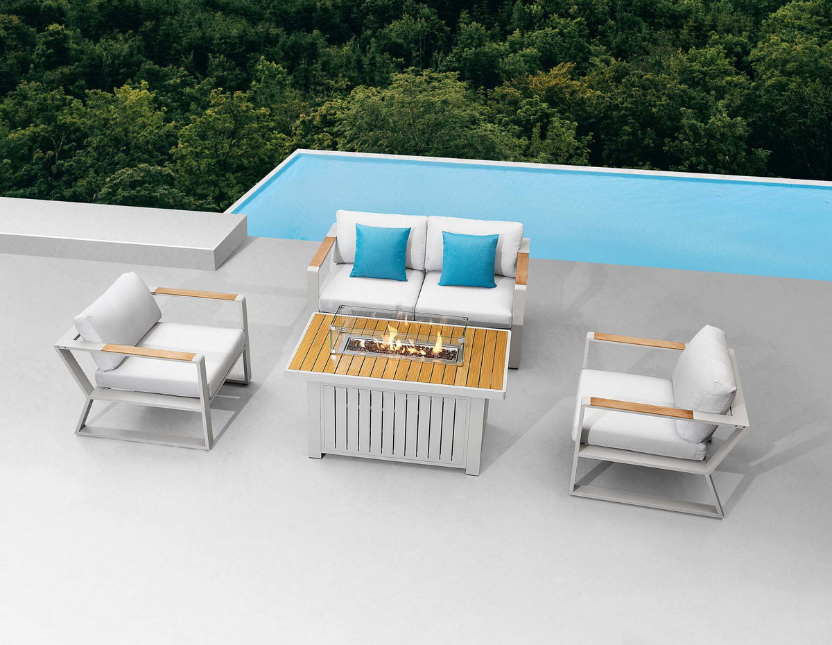 Exy Mini beige aluminum patio loveseat set with teak coffee table – shown outdoors (4)