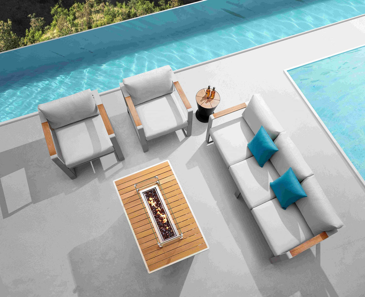 Exy beige aluminum and teak patio set with ecru check cushions – shown outdoors (5)